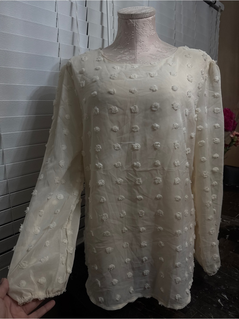 Womens Cream Swiss Dot Long Sleeve Blouse
